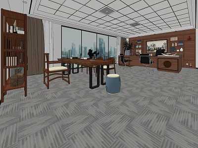 Modern Office Interior With Large Windows Desks Chairs Bookshelves And Patterned Carpet 3d model