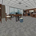 Modern Office Interior With Large Windows Desks Chairs Bookshelves And Patterned Carpet