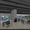 Public Office Space With Open Layout Work Desks Computers Office Chairs And Potted Plants 3d model