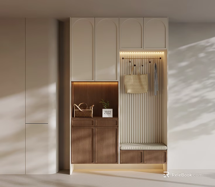 Modern Shoe Cabinet Design With Hanging Rack Bench Storage Baskets And Lighting 3d model 