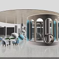 Modern Interactive Zone Interior With Circular Wooden Ceiling White Floor And Tables Chairs
