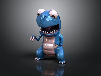 Blue Cartoon Dinosaur Character 3D Model With Big Eyes Open Mouth Sharp Teeth And Claws 3d model