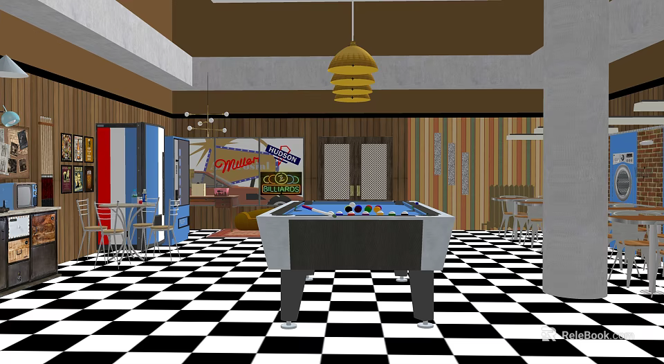 Billiard Room With Billiard Table Black And White Checkered Floor Yellow Pendant Light And Poster 3d model 