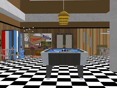 Billiard Room With Billiard Table Black And White Checkered Floor Yellow Pendant Light And Poster 3d model