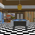 Billiard Room With Billiard Table Black And White Checkered Floor Yellow Pendant Light And Poster