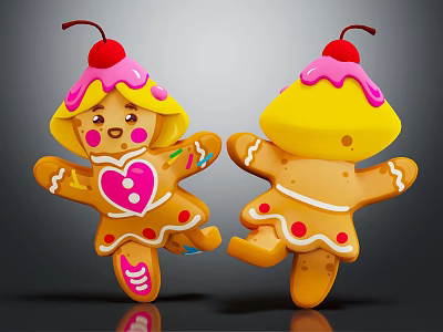 Playful Gingerbread Characters With Yellow Frosted Hats Cherry Toppings And Heart Design 3d model