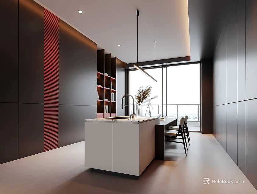 Modern Open Kitchen Restaurant Interior With Island Counter And Large Windows 3d model 