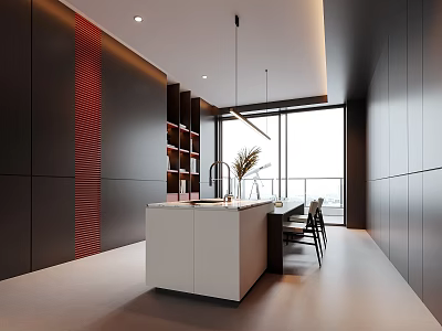 Modern Open Kitchen Restaurant Interior With Island Counter And Large Windows 3d model
