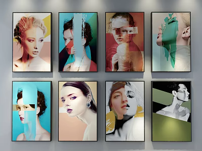 Eight Colorful Female Portrait Paintings With Framed Wall Display And Diverse Backgrounds 3d model