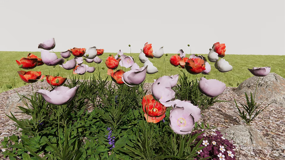 Beautiful Red And Purple Flowers With Green Leaves In Lush Grassland Garden 3d model 