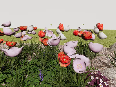 Beautiful Red And Purple Flowers With Green Leaves In Lush Grassland Garden 3d model