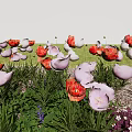 Beautiful Red And Purple Flowers With Green Leaves In Lush Grassland Garden