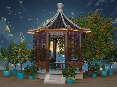 Interactive Area With Traditional Pavilion Green Plants Blue Pots Starry Sky Bench And Table 3d model