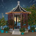 Interactive Area With Traditional Pavilion Green Plants Blue Pots Starry Sky Bench And Table