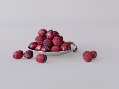Purple Red Plums Piled In Silver Plate With Scattered Ones On Light Gray Background 3d model