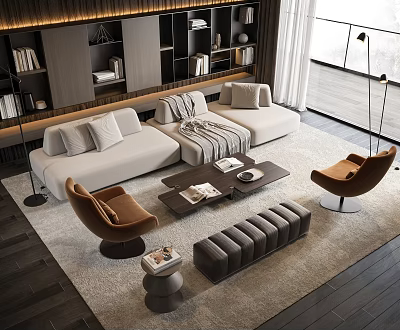 Modern Living Room Sofa And Coffee Table Set With Beige Upholstery Brown Accent Chairs 3d model