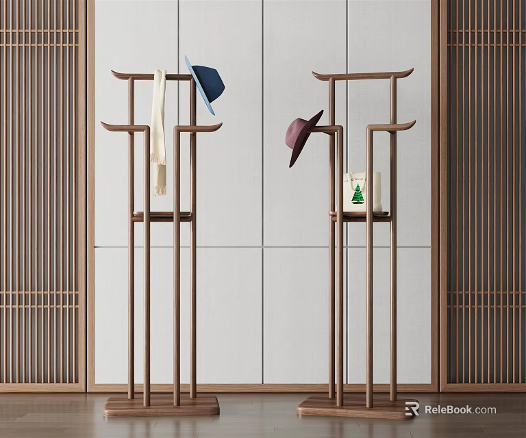 Modern Wooden Coat Racks With Hat And Scarf In Minimalist Interior Design 3d model 