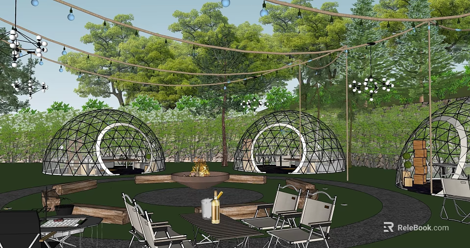 Lush Green Garden Landscape With Dome Structures Outdoor Seating Fire Pit And Lights 3d model 