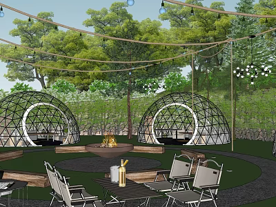 Lush Green Garden Landscape With Dome Structures Outdoor Seating Fire Pit And Lights 3d model