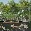 Lush Green Garden Landscape With Dome Structures Outdoor Seating Fire Pit And Lights