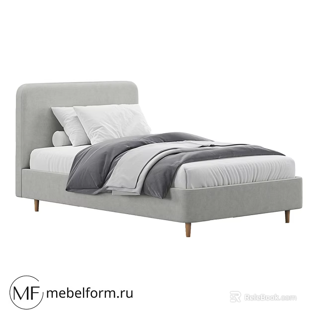 Gray Upholstered Kids Bed With Wooden Legs And White Gray Bedding 3d model 