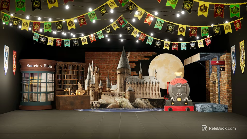 Harry Potter Themed Photo Spot With Castle Train Moon And Flags On Brick Wall 3d model 