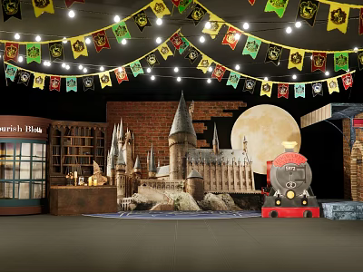 Harry Potter Themed Photo Spot With Castle Train Moon And Flags On Brick Wall 3d model