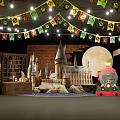 Harry Potter Themed Photo Spot With Castle Train Moon And Flags On Brick Wall