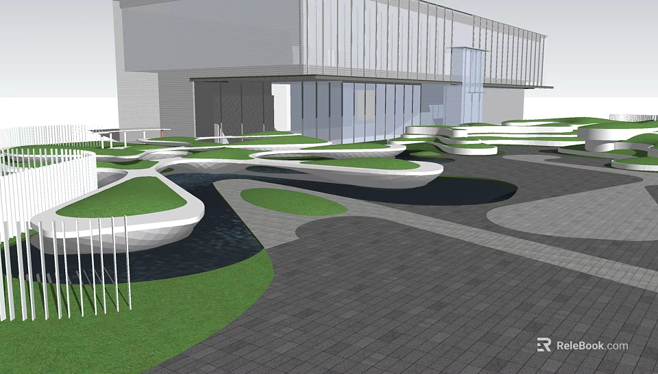 Modern Landscape Architecture With Curved Green Lawns Paved Ground And Glass Building Background 3d model 