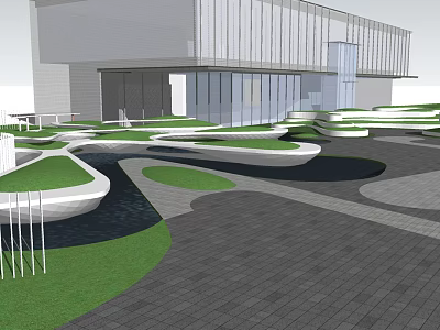 Modern Landscape Architecture With Curved Green Lawns Paved Ground And Glass Building Background 3d model