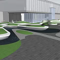 Modern Landscape Architecture With Curved Green Lawns Paved Ground And Glass Building Background
