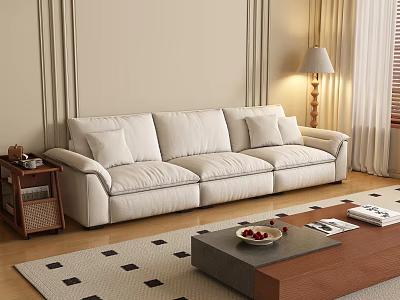 Plush Beige Sectional Sofa In Living Room With Floor Lamp Side Table And Area Rug 3d model