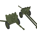 Two Green Military Field Artillery Cannons with Wheels and Carriage