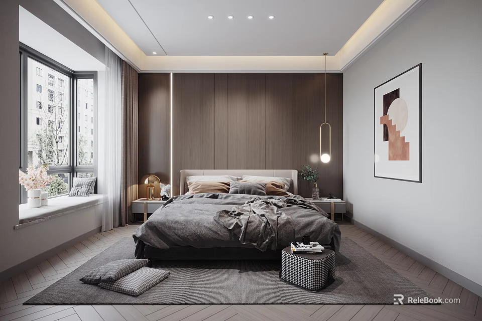 Modern Bedroom Interior With Gray Bedding Wooden Panels Pendant Lights And Area Rug 3d model 