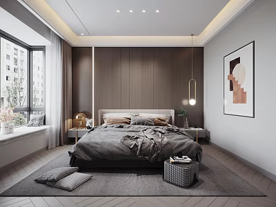 Modern Bedroom Interior With Gray Bedding Wooden Panels Pendant Lights And Area Rug 3d model