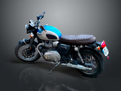 Vintage Classic Motorcycle With Blue White Body Brown Leather Seat And Chrome Exhaust Parts 3d model