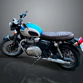 Vintage Classic Motorcycle With Blue White Body Brown Leather Seat And Chrome Exhaust Parts