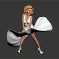 Cute Child in White Flowing Dress with Blonde Hair and High Heels on Gray Background