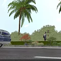 Municipal Road Scene Featuring Blue Car Palm Trees Lush Greenery and Blue Sky