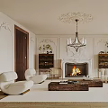 Elegant Living Room With Fireplace Mantel Chandelier White Sofas And Wooden Coffee Table