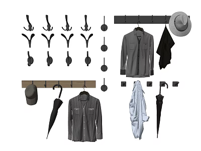 Different Styles of Practical Wall Hooks With Hanging Shirts Jacket Hat And Umbrella 3d model