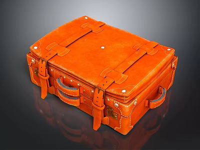 Orange Vintage Leather Suitcase With Classic Leather Straps And Metal Buckles As Daily Living Product 3d model