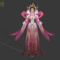 Woman In Traditional Pink Purple Costume With Golden Headdress And Flowing Ribbons Three Angles View