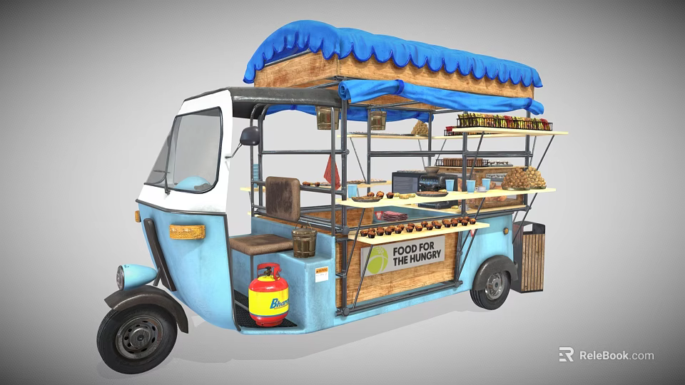Blue Mobile Food Cart With Blue Canopy And Food Display Shelves For Hungry Customers 3d model 