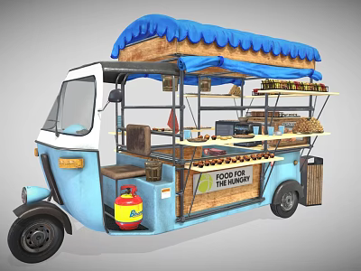 Blue Mobile Food Cart With Blue Canopy And Food Display Shelves For Hungry Customers 3d model