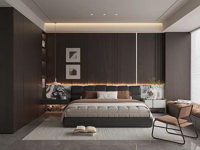 Modern Bedroom Interior Design With Wooden Headboard Wall Decorative Paintings Cozy Bed And Side Chair 3d model