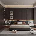 Modern Bedroom Interior Design With Wooden Headboard Wall Decorative Paintings Cozy Bed And Side Chair