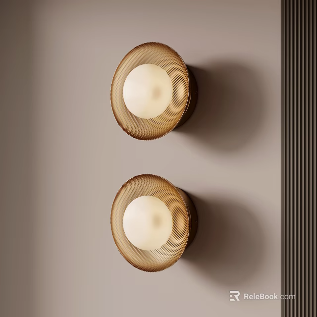 Wall Mounted Round Lamps With Woven Texture White Light On Beige Wall Vertical Dark Stripes 3d model 