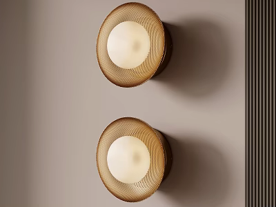 Wall Mounted Round Lamps With Woven Texture White Light On Beige Wall Vertical Dark Stripes 3d model