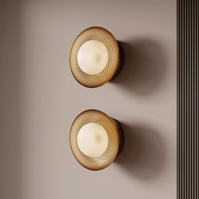 Wall Mounted Round Lamps With Woven Texture White Light On Beige Wall Vertical Dark Stripes 3d model
